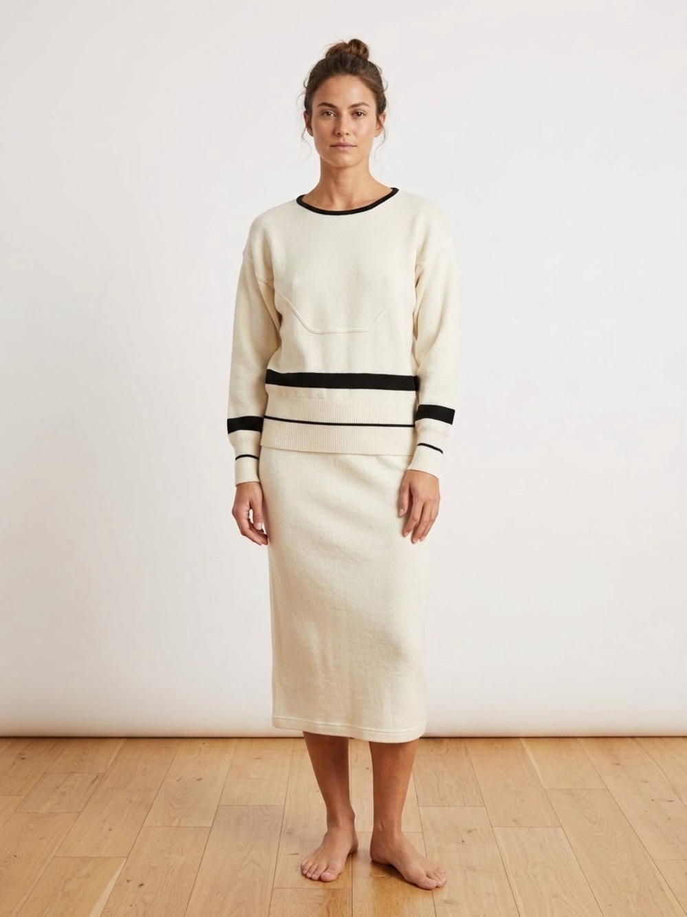 Set of Women's Cream Scoop Neck Sweater with Black Stripe Details and skirt